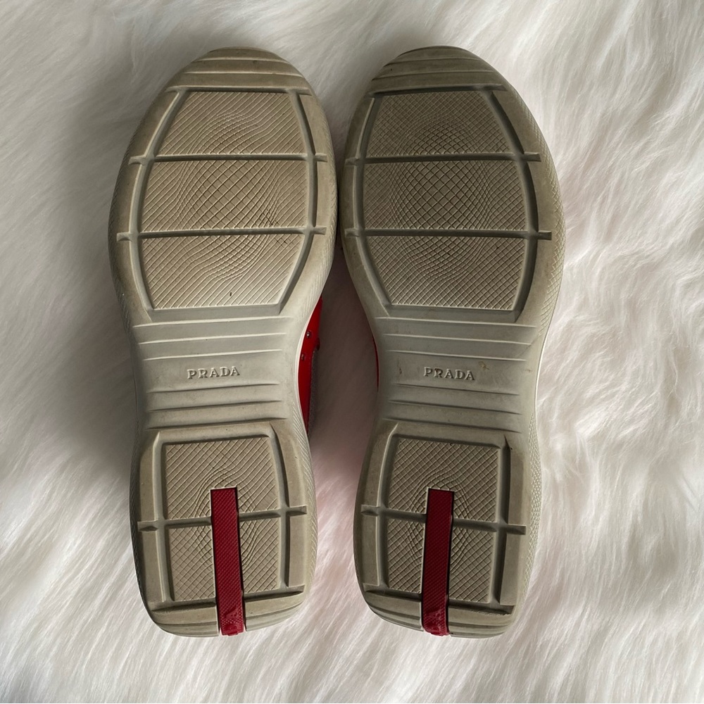 Prada America’s Cup Red Patent Leather & Silver Mesh Lace-Up Men’s Sneakers - Picture 10 of 16